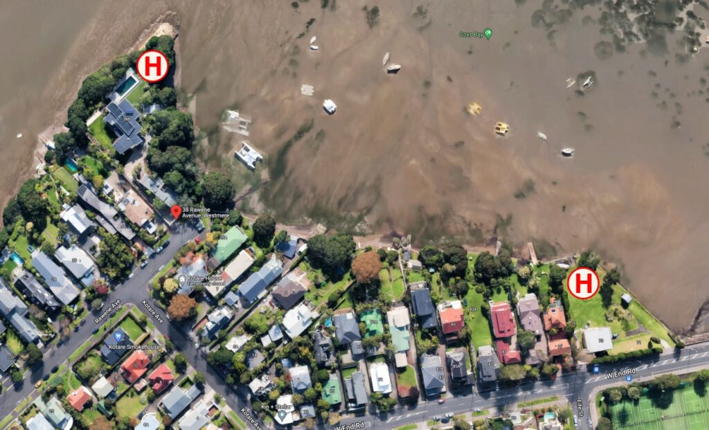 Potential helicopter landing pad sites in Coxs Bay, Westmere, Auckland, which would threaten important roosting and foraging site for threatened indigenous birds.